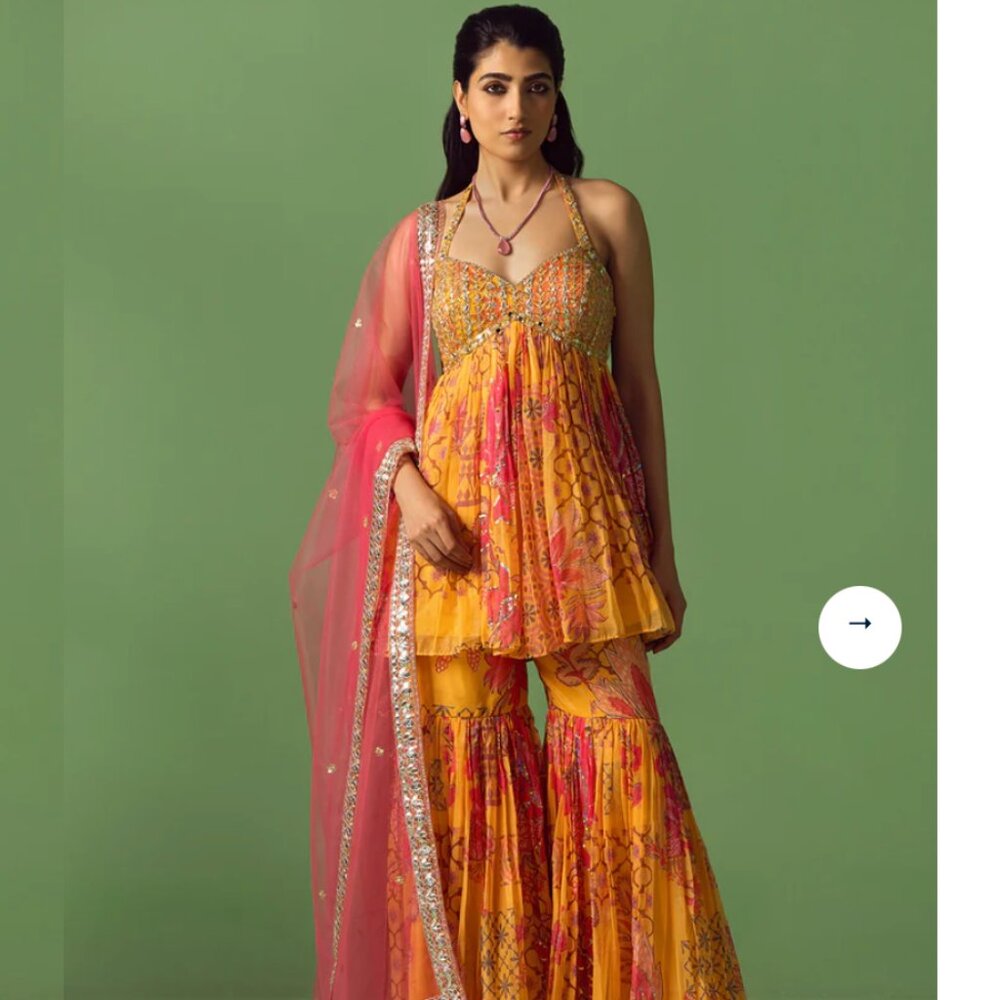 Lashkaraa Mustard Yellow and Pink Floral Printed Gharara